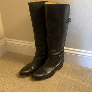 Frye black leather knee boots. Equestrian styling.